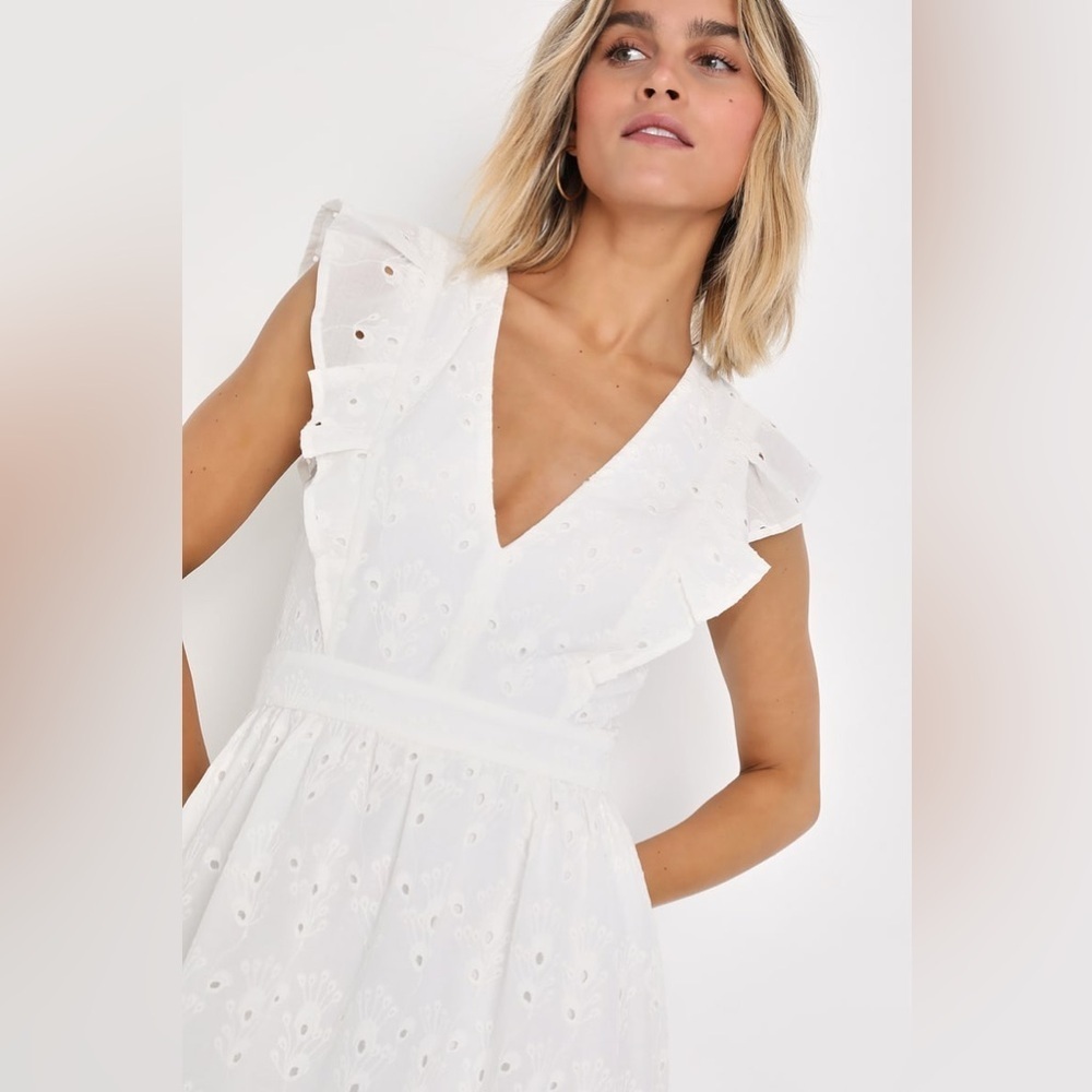 Lulus Flirtatious in Florence White Ruffled Eyelet Cotton
Mini Dress - Picture 3 of 7